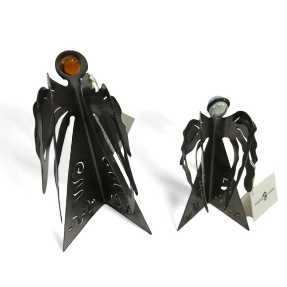 METALLIC EVOLUTION Steel Angel Sculptures Set Artistic Glass Marble Accents Cana - Picture 4 of 10